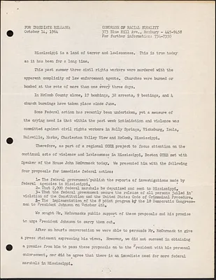 Press Release about meeting with Speaker of the House John McCormack releasing press statement on his views. Statement by McCormack to Delegation from Boston Core attached