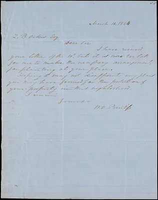 W.O. Prentiss, Buzzard Roost, autograph letter signed to Ziba B. Oakes, 16 March 1854