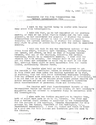 Memorandum for the Hoey Subcommittee Sex Pervert Investigation File from Stephen Spingarn