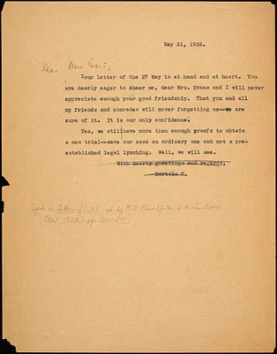 Bartolomeo Vanzetti typed letter (copy) to Alice Stone Blackwell, [Charlestown], 31 May 1926