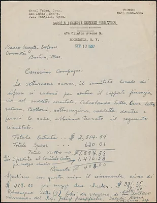 Sam M. Lucia (Sacco-Vanzetti Defense Committee, Rochester) autograph letter signed, in Italian, to Sacco-Vanzetti Defense Committee, Rochester, N. Y., September 10, 1927