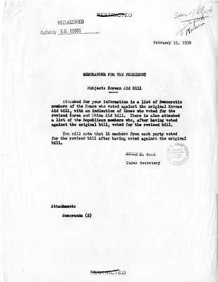 Memorandum from Under Secretary of State James Webb to President Harry S. Truman with Attachments