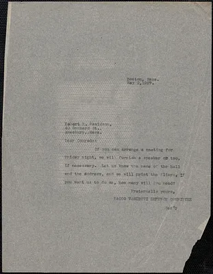 Sacco-Vanzetti Defense Committee typed note (copy) to Robert R. Davidson, Boston, Mass., May 9, 1927