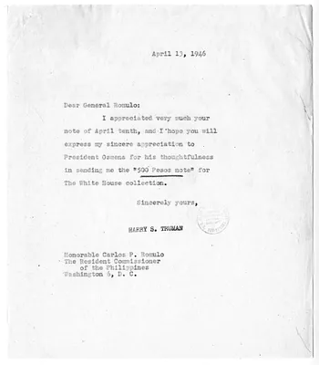 Correspondence Between President Harry S. Truman and General Carlos Romulo
