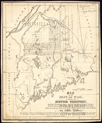 Map of the seat of war, showing disputed territory, and the boundary lines claimed by Maine & Great Britain and that proposed by the King of the Netherlands
