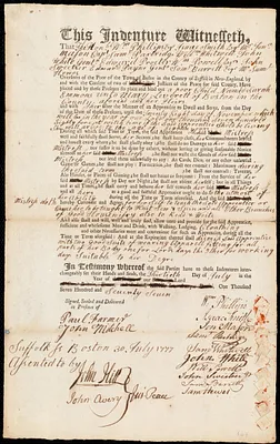 Sarah Emmons indentured to apprentice with Mary Leverett of Boston, 30 July 1777