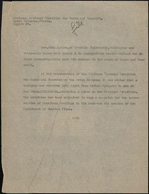 Citizens National Committee for Sacco and Vanzetti press release (copy), Boston, Mass., August 17, [1927]