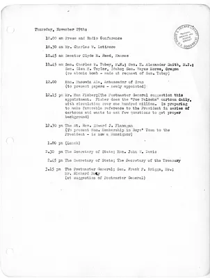 Daily Appointment Sheet for President Harry S. Truman
