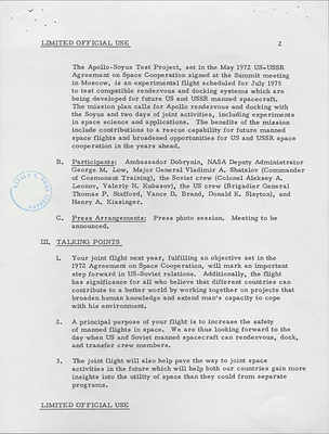 Memorandum from Secretary of State Henry Kissinger to President Gerald Ford, Regarding a Meeting with Soviet Cosmonauts Involved in the Apollo-Soyuz Test Project