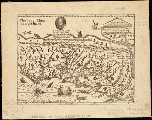A mapp of Virginia discouered to ye hills, and in its latt: from 35 deg: & 1/2 neer Florida, to 41 deg: bounds of new England