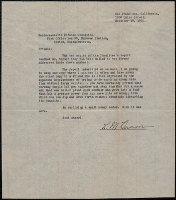 L. Bacon typed letter signed to Sacco-Vanzetti Defense Committee, San Francisco, Calif., November 19, 1925