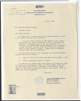 Letter from Major Davidson Sommers to Samuel Rosenman