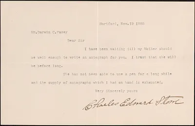 Letter from Charles Edward Stowe, Hartford, to Darwin C. Pavey, 1888 November 19