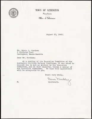Letter from Elinor Moakley, on behalf of the Selectmen, to Edwin B. Worthen, August 20, 1940