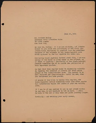 Sacco-Vanzetti Defense Committee typed letter (copy) to Forrest Bailey (American Civil Liberties Union), Boston, Mass., June 15, 1926