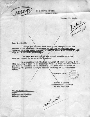 Telegram from Ralph McGill to Donald Dawson with Unsent Reply and Related Material