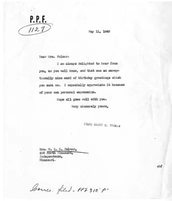Letter from President Harry S. Truman to Ardelia Palmer