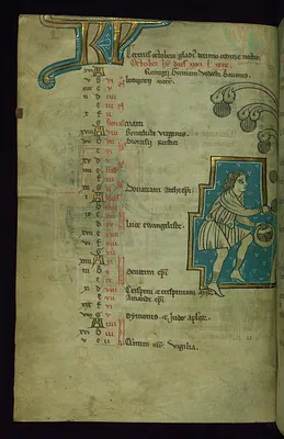Leaf from Touke Psalter: October Calendar, Man Harvesting Grapes