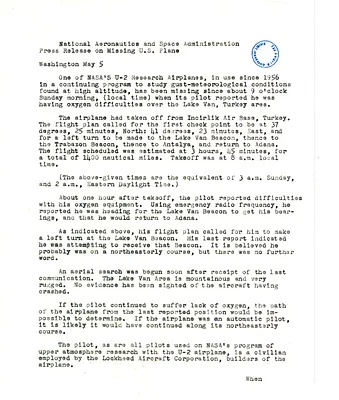 National Aeronautics and Space Administration Press Release on Missing U.S. Plane