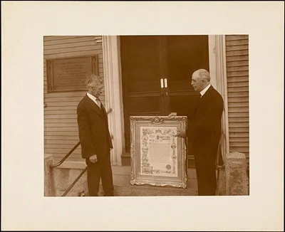 Plymouth Tercentenary celebration, June 24, 1920, A. N. Holley from Plymouth, England, Delivering to Selectman William T. Eldridge the Tercentenary Memorial