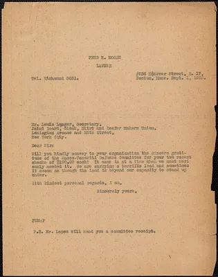 Fred H. Moore typed letter (copy) to Louis Langer (Joint Board, Cloak, Skirt and Reefer Makers' Unions), Boston, Mass., September 1, 1923