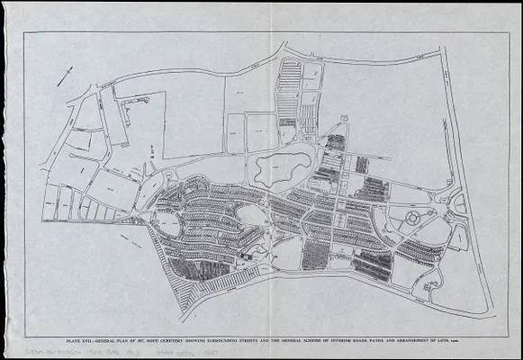 General plan of Mt. Hope cemetery showing surrounding streets and the general scheme of interior roads, paths, and arrangement of lots, 1922