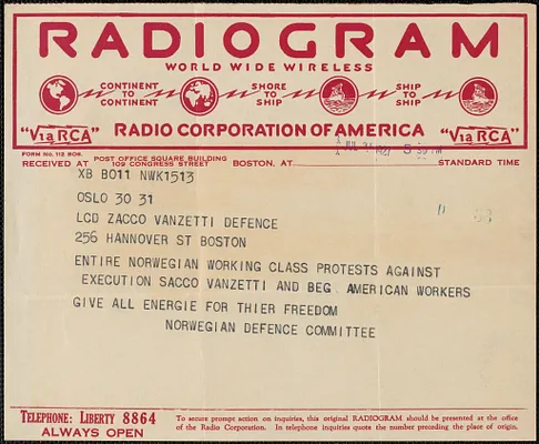 Norwegian Defense Committee telegram to Sacco-Vanzetti Defense Committee, Oslo, Norway, July 31, 1927