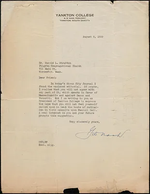 George W. Nash typed note signed to Harold L. Stratton, Yankton, S. D., August 8, 1929