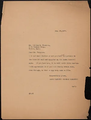 Joseph Moro (Sacco-Vanzetti Defense Committee) typed note (copy) to William G. Thompson, Boston, Mass., December 29, 1927