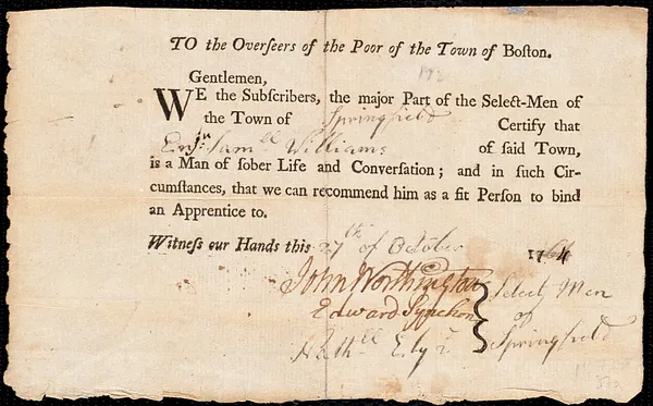 John Ackley indentured to apprentice with Samuel Williams of Springfield, 11 October 1764