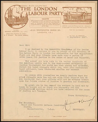 Herbert Morrison (The London Labour Party) typed letter signed to Sacco-Vanzetti Defense Committee, London, England, September 9, 1927
