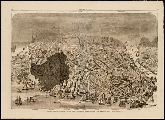 Bird's-eye view of Boston, showing the burned district