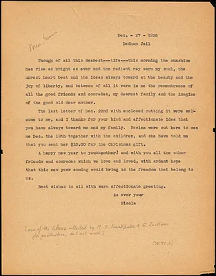 Nicola Sacco typed letter (copy) to [Elizabeth Glendower Evans], Dedham, 27 December 1926
