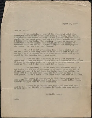 Creighton J. Hill typed letter (copy) to [Arthur G.] Hays, [Boston, Mass.], August 26, 1927