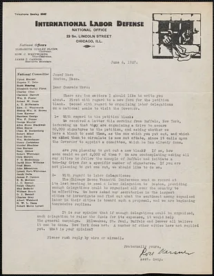 Rose Karsner (International Labor Defense) typed letter signed to Joseph Moro, Chicago, Ill., June 6, 1927