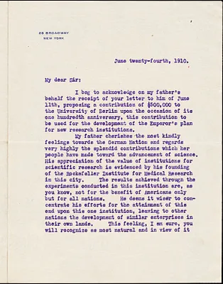 Rockefeller, John D. (John Davison), 1874-1960 typed letter signed to Hugo Münsterberg, New York, 24 June 1910