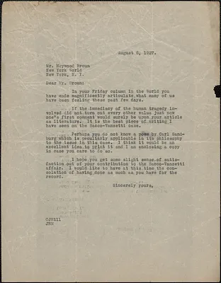 Creighton J. Hill typed letter (copy) to Haywood Broun, [Boston, Mass.], August 6, 1927