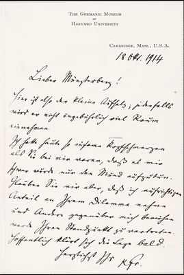 Francke, Kuno, 1855-1930 autograph letter signed to Hugo Münsterberg, Cambridge, Mass., 18 October 1914