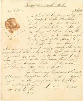 10 shares Hampshire Bank Stock, $1,000, to Daniel White, April 6, 1818, signed by Joseph Lyman, president