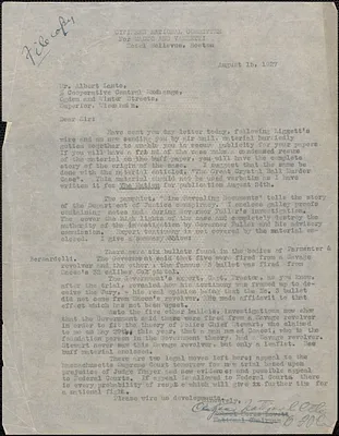 [Thomas O'Connor] (Citizens National Committee for Sacco and Vanzetti) typed letter signed to Albert Lanto, Boston, Mass., August 15, 1927