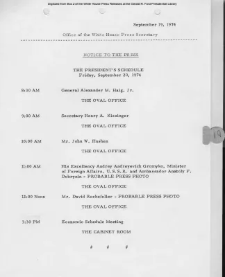 President's Schedule, Friday, September 20, 1974