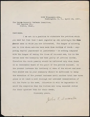 John R. Swanton typed letter signed to Sacco-Vanzetti Defense Committee, Washington, D.C., April 18, 1927