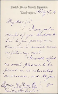 Letter from Roscoe Conkling, Washington, to Darwin C. Pavey, Rome, NY 1876 February 9