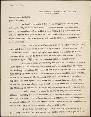Cora Meyer typed letter signed to Bartolomeo Vanzetti, Milwaukee, 19 March 1925