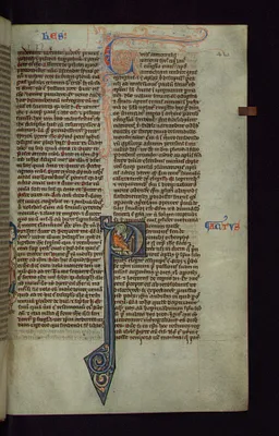 Historiated Initial ""P"" with St. Luke Writing and Marginal Figure of St. John