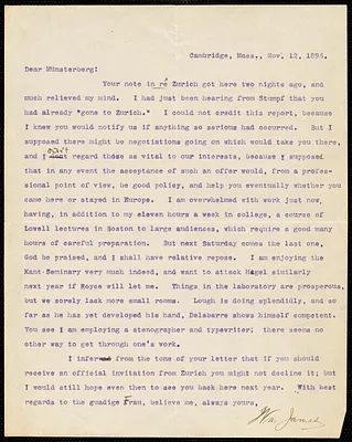 James, William, 1842-1910 typed letter signed to Hugo Münsterberg, Cambridge, Mass., 12 November 1896