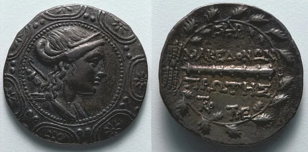 Tetradrachm: Macedonian Shield with Head of Artemis (obverse); Club (reverse)
