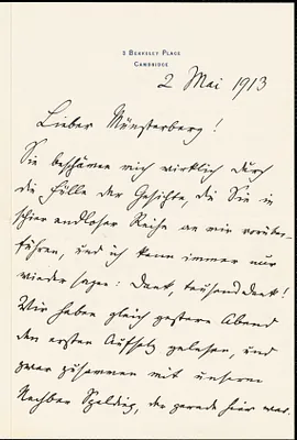 Francke, Kuno, 1855-1930 autograph letter signed to Hugo Münsterberg, Cambridge, Mass., 2 May 1913