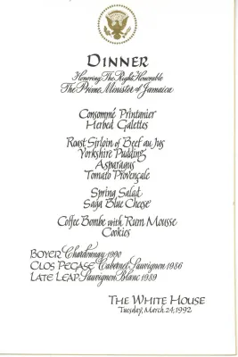 Cards-Menus, Dinner, Honoring The Right Honorable The Prime Minister of Jamaica, The White House, March 24, 1992