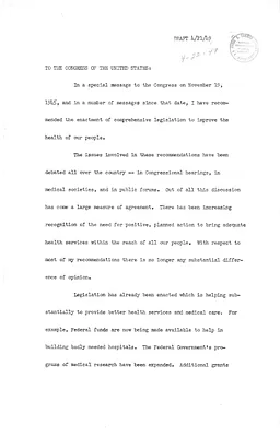 Draft of Special Message to Congress on the Nation's Health Needs